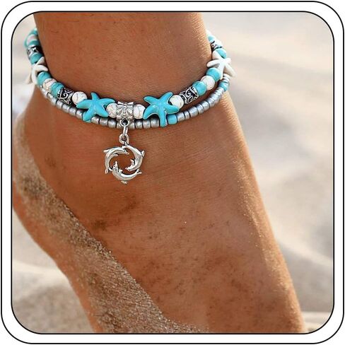 هدايا دولفين للنساء، سوار كاحل أنيق بوهو بطبقة مزدوجة قابل للتعديل مصنوع يدويًا باللون الفيروزي مطرز بالخرز للفتيات المراهقات هدايا المجوهرات in Kuwait