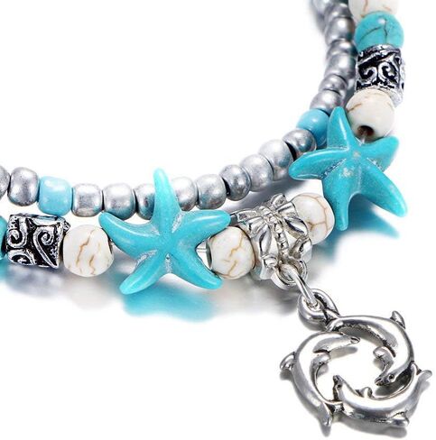 هدايا دولفين للنساء، سوار كاحل أنيق بوهو بطبقة مزدوجة قابل للتعديل مصنوع يدويًا باللون الفيروزي مطرز بالخرز للفتيات المراهقات هدايا المجوهرات in Kuwait