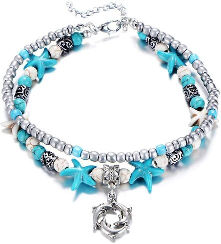 هدايا دولفين للنساء، سوار كاحل أنيق بوهو بطبقة مزدوجة قابل للتعديل مصنوع يدويًا باللون الفيروزي مطرز بالخرز للفتيات المراهقات هدايا المجوهرات in Kuwait