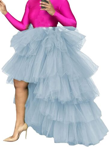 Women's Tiered High Low Maxi Tutu Skirt Puffy Custom Made Mesh Engagement Elastic Waist Irregular Mesh Evening Half Dress in Saudi Arabia