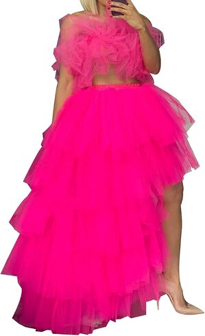 Women's Tiered High Low Maxi Tutu Skirt Puffy Custom Made Mesh Engagement Elastic Waist Irregular Mesh Evening Half Dress in Saudi Arabia