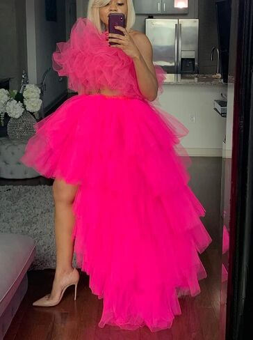 Women's Tiered High Low Maxi Tutu Skirt Puffy Custom Made Mesh Engagement Elastic Waist Irregular Mesh Evening Half Dress in Saudi Arabia