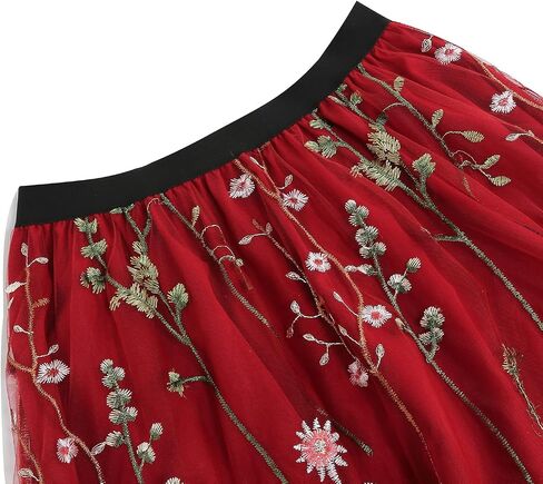 الأزهار تول تطريز التنانير للنساء شبكة ميدي تنورة ألف خط الجنية مرونة الخصر الصيف مضيئة Flowy ميدي التنانير in Saudi Arabia