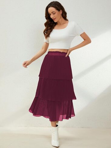 SENFURE Women's Elastic Waist - Chiffon Pleated A-Line Flowy Maxi Skirt in Saudi Arabia