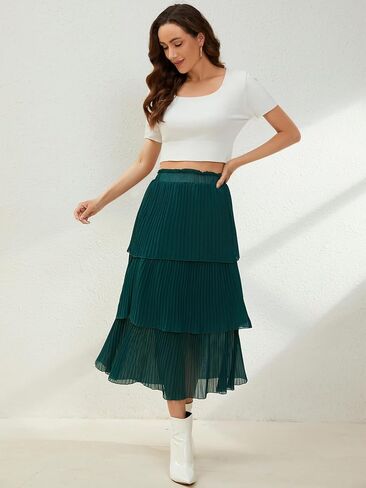 SENFURE Women's Elastic Waist - Chiffon Pleated A-Line Flowy Maxi Skirt in Saudi Arabia
