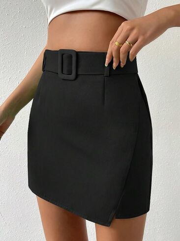 Floerns Women's Solid High Waist Pencil Belt Skirt Bodycon Mini Skirt in Saudi Arabia