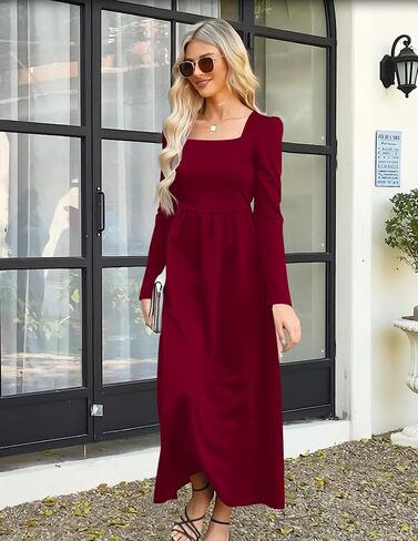 Nova In Sky Women's 2024 Formal Maxi Dress Casual Long Sleeve Square Neck Cocktail Party A Line Flowy Long Dresses in Saudi Arabia
