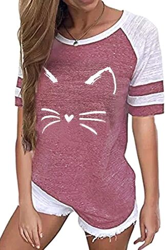 futurino Women's Color Block Cat Print Sweatshirt Short Sleeve T Shirt Casual Top in Saudi Arabia