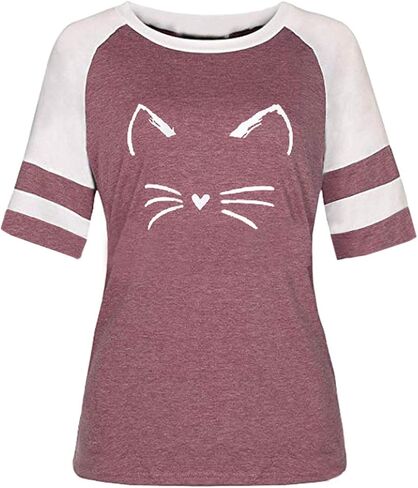 futurino Women's Color Block Cat Print Sweatshirt Short Sleeve T Shirt Casual Top in Saudi Arabia