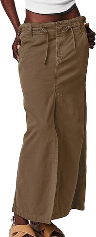 تنورة نسائية طويلة كاجوال من SUNNOW بتفاصيل بنجي، تنورة طويلة بفتحة أمامية مبالغ فيها مع جيوب in Kuwait