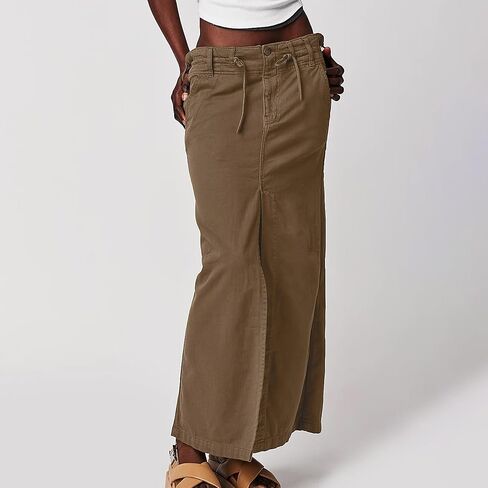 تنورة نسائية طويلة كاجوال من SUNNOW بتفاصيل بنجي، تنورة طويلة بفتحة أمامية مبالغ فيها مع جيوب in Kuwait