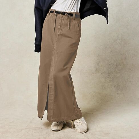 تنورة نسائية طويلة كاجوال من SUNNOW بتفاصيل بنجي، تنورة طويلة بفتحة أمامية مبالغ فيها مع جيوب in Kuwait