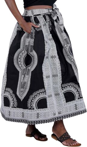Women's Embossed Dashiki Print Long Maxi, Elastic Waist with Attached Belts & 2 Pockets, African Dashiki Skirt Afrocentric… in Saudi Arabia