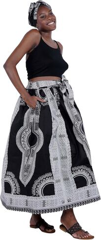 Women's Embossed Dashiki Print Long Maxi, Elastic Waist with Attached Belts & 2 Pockets, African Dashiki Skirt Afrocentric… in Saudi Arabia