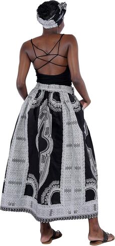 Women's Embossed Dashiki Print Long Maxi, Elastic Waist with Attached Belts & 2 Pockets, African Dashiki Skirt Afrocentric… in Saudi Arabia