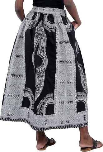 Women's Embossed Dashiki Print Long Maxi, Elastic Waist with Attached Belts & 2 Pockets, African Dashiki Skirt Afrocentric… in Saudi Arabia