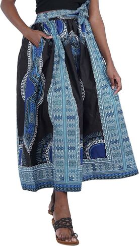 Women's Embossed Dashiki Print Long Maxi, Elastic Waist with Attached Belts & 2 Pockets, African Dashiki Skirt Afrocentric… in Saudi Arabia