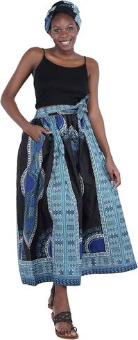 Women's Embossed Dashiki Print Long Maxi, Elastic Waist with Attached Belts & 2 Pockets, African Dashiki Skirt Afrocentric… in Saudi Arabia