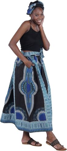 Women's Embossed Dashiki Print Long Maxi, Elastic Waist with Attached Belts & 2 Pockets, African Dashiki Skirt Afrocentric… in Saudi Arabia
