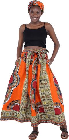Women's Embossed Dashiki Print Long Maxi, Elastic Waist with Attached Belts & 2 Pockets, African Dashiki Skirt Afrocentric… in Saudi Arabia