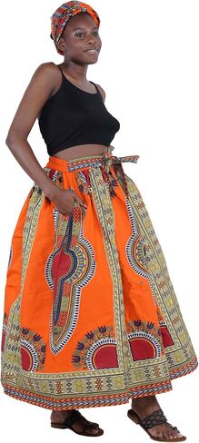 Women's Embossed Dashiki Print Long Maxi, Elastic Waist with Attached Belts & 2 Pockets, African Dashiki Skirt Afrocentric… in Saudi Arabia