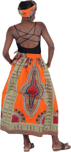 Women's Embossed Dashiki Print Long Maxi, Elastic Waist with Attached Belts & 2 Pockets, African Dashiki Skirt Afrocentric… in Saudi Arabia