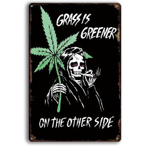 Impressed Reefer Reaper Marijuana Vintage Tin Sign - Gothic Emo 90s Retro Trippy Skeleton Grunge Weed Man Cave Hippie Stoner Accessories for Men - Funny Print College Dorm Wall Hanging Skull Decor for Teens - 420 Goth Aesthetic Signs Decoration Stuff for 