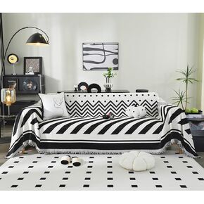 Tritard Boho Couch Cover Reversible Striped Sectional Couch Covers Black White Sofa Loveseat Covers Chenille Cushion Covers with Tassel Washable Couch Protector for Dogs Pet Futon Cover (71"-134") in Kuwait