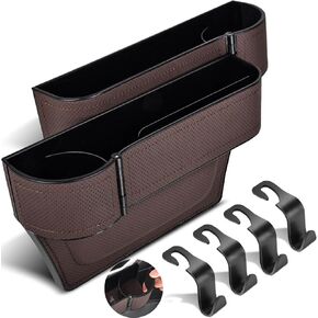 Upgrade 2 Pack Car Seat Gap Filler Organizer with Adjustable Cup Holder, Universal Leather Car Gap Filler Organizer with Cable Hole, Seat Gap Filler Organizer with Hooks, for Phone/Glasses