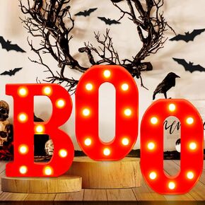 Halloween Decorations-3 LED Marquee Light Up Letters Wooden Boo Sign Halloween Letter Lights Wooden Decorations for Home Indoor Kitchen Fireplace Party Table Decor Supplies
