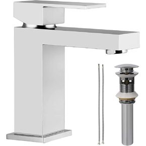 Brushed Nickel Bathroom Faucet - CELAENO Solid Square Single Handle Bathroom Sink Faucet with Pop Up Drain, Modern Single Hole Bathroom Sink Basin Vanity Sink Faucet