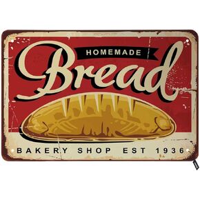 Swono Homemade Bread Baked Goods Store Tin Signs,Traditional Bakery Shop with Whole Bread on Red Background Vintage Metal Tin Sign for Men Women,Wall Decor for Bars,Restaurants,Cafes Pubs,12x8 Inch