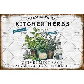 Kitchen Herbs Farm To Table Farm Fresh 100% Organic Vintage Metal Tin Sign Funny Garden Poster For Home Living Room Bedroom Garage Bathroom Office Cafe Outdoor Metal Plaque 8x12 Inch