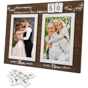Then & Now Anniversary Picture Frame 1-99 Years Anniversary Wedding Marriage Gifts for Couple Valentine's Day Engagement Bridal Shower Gift Wood Photo Frame Holds Double 4x6 Inches Pictures