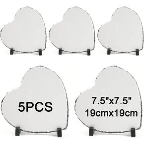 ORJ 5 Pack Sublimation Slate Blanks 7.5x7.5 Inch heart Custom Stone Slate Picture Frame Heat Transfer Rock Photo Plaque with Display Stand Decoration for Desktop Souvenir