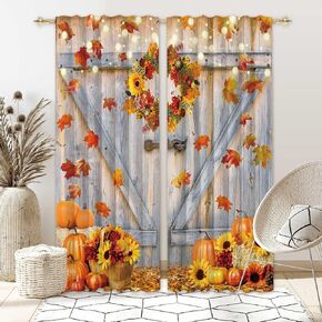 82" Wx 84" L Fall Thanksgiving Curtain Autumn Rustic Barn Wooden Door Pumpkin Window Curtains for Home Bedroom Living Room Decor Decorations with Fabric Machine Washable