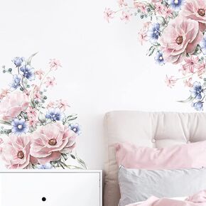 Runtoo Pink Flower Wall Art Decals Peony Floral Wall Stickers for Living Room Girls Bedroom Nursery Wall Decor