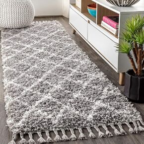 JONATHAN Y MCR104B-8 Mercer Shag Plush Tassel Moroccan Geometric Trellis Indoor Area-Rug Bohemian Easy-Cleaning High Traffic Bedroom Kitchen Living Room, 8 ft x 10 ft, Cream/Grey