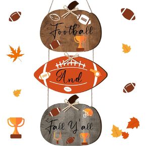 Barydat 3 Pcs Football and Fall Y'all Wood Sign Fall Decorations Rustic Pumpkin Door Hanging Autumn Decorative Plaques with Bow for Home Garden Porch Front Farmhouse Harvest Living Room Thanksgiving