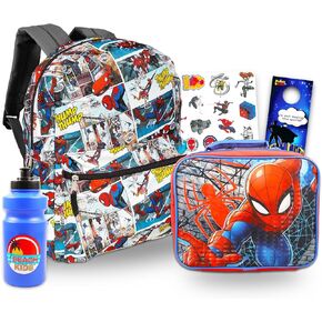 Spiderman Backpack with Lunch Bag for Boys 4-6 - Bundle with Spiderman Backpack, Spiderman Lunch Box, Water Bottle, Tattoos, More | Spiderman Backpack with Lunchbox