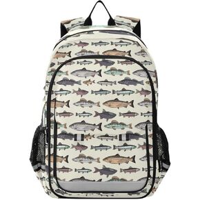 Vintage Fishes School Backpack Laptop Travel Daypack for Kids Girls Boys, Personalized Computer Notebooks Bookbag with Adjustable Padded Straps