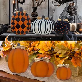 3 Pcs Pumpkins Halloween Decorations Indoor, Wooden Tiered Tray Decor Table Sign, Fall Pumpkin Kitchen Desk Decor for Party Home School Office Shelf Display, Double-Sided Painted