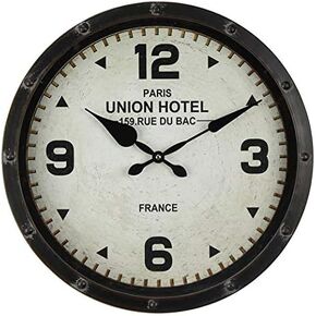 Windy Hill Collection 16" x 16" Vintage Decorative Wall Clock Union Hotel Paris France White Face Black Rim WC9-EA6063
