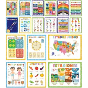 Wallbuddy 34 Pack Spanish Educational Posters for Preschoolers | 18 Educational Posters + 16 ABC 123 Learning Spanish for Kids Poster | Numbers, Animals, Fruits, Maps, Shapes Poster, White in Kuwait