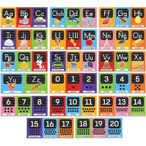 Wallbuddy 34 Pack Spanish Educational Posters for Preschoolers | 18 Educational Posters + 16 ABC 123 Learning Spanish for Kids Poster | Numbers, Animals, Fruits, Maps, Shapes Poster, White