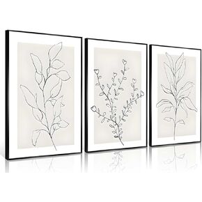 3Pcs Framed Neutral Botanical Wall Art Minimalist Abstract Botanical Line Canvas Posters Prints Modern Beige Boho Plant Paintings Wall Decor Pictures for Bedroom Living Room Home Decoration