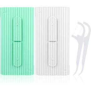 WLLHYF Dental Floss Portable Case Travel Floss Storage Case Toothpicks Dispenser Refillable Dental Floss Container with 10 Picks Automatic Floss Stick Organizer for Oral Care (White+Blue+Green+Pink)