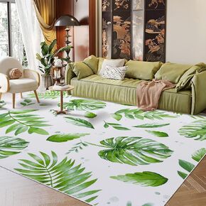 HOMBYS 9x12 ft Leaf Area Rug for Living Room Bedroom, Large Tropical Accent Floor Carpet with Non-Slip Backing for Patio Porch Indoor, Green Plant Home Deco, Monstera Green, Machine Washable in Saudi Arabia