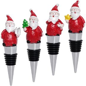 Sucrain 4 Pieces Christmas Wine Stopper, Santa Claus Design Wine Bottle Stoppers Alloy Keeping Wine Fresh Resin Wine Bottle Sealer Wine Corker Christmas (Fat Santa)