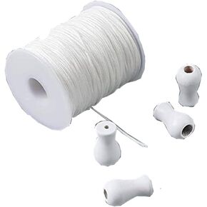 Blinds Cord String Window Wood Tassels/knobs,1.8mm White Braided Lift Shade Cord 50m with 4pcs White Wood Pendant for Aluminum Blind Shade Window Crafts